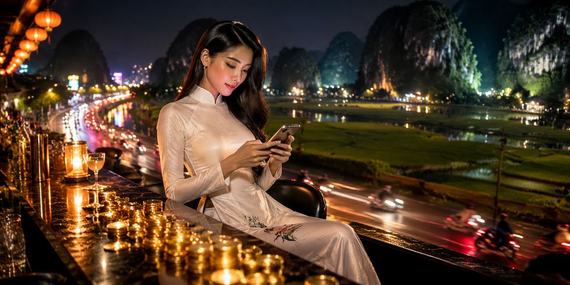 Người dùng Ninh Bình mặc áo dài truy cập tài khoản VIP casino trên điện thoại